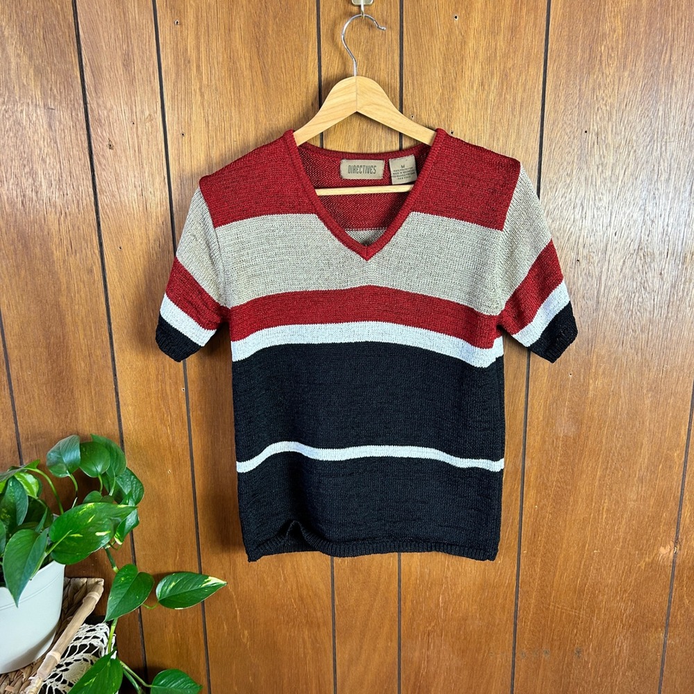 Vintage Directives Striped V Neck Short Sleeve Knit Top Women's Size Medium‎ - Picture 2 of 6